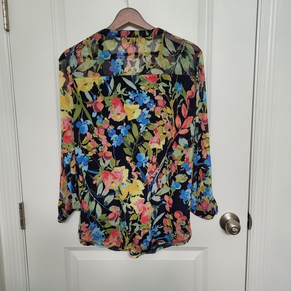 Roz & Ali Floral Multicolored Green Pink Yellow Blue Blouse with Buttons Large - Picture 3 of 8